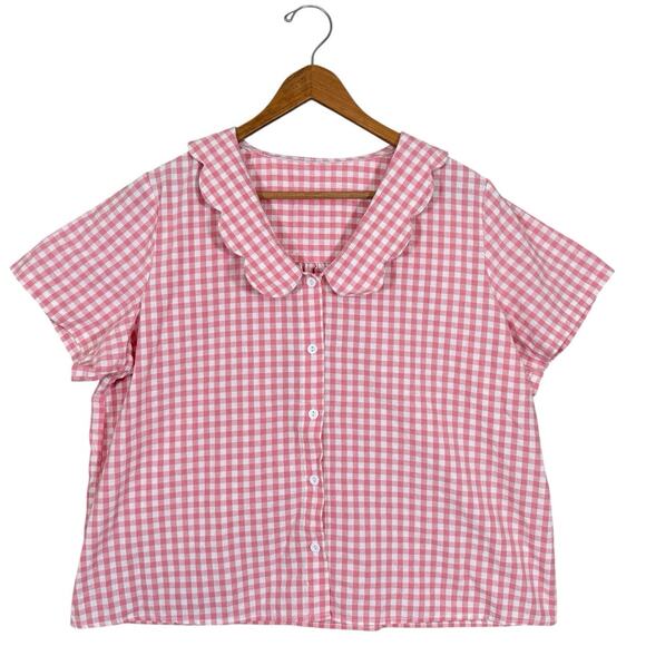 Pink Gingham Cottagecore Pajama Set Cotton Button Top Pants Large - Picture 2 of 9